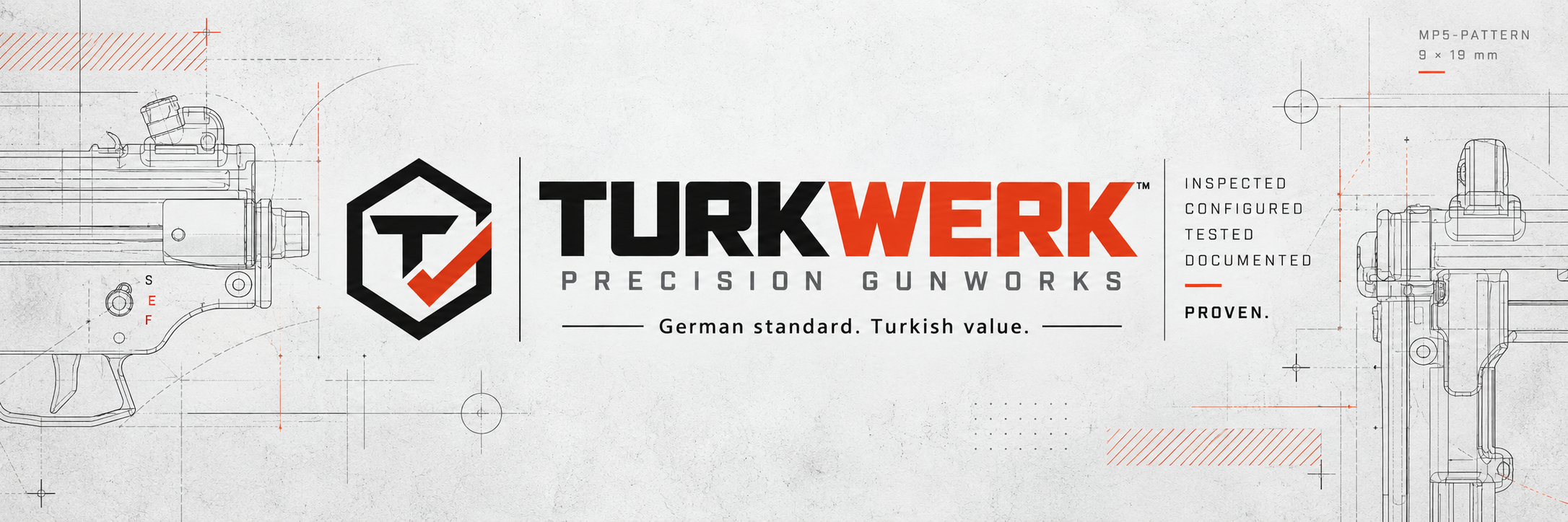 Turkwerk Precision Gunworks brand banner with MP5-pattern blueprint artwork